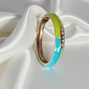 Vintage Teal and Lime‎ Bracelet with Crystal Accents ENAMEL AND HINGED